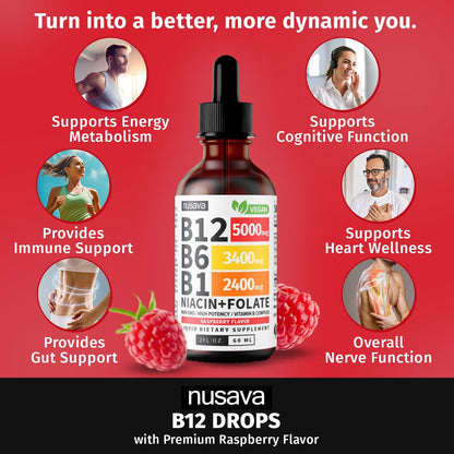 (2 Pack) Vitamin B12 and B6 Liquid Drops, B12 Sublingual Vitamin B Complex - B 12 Vitamin 5000Mcg - B12 Methylcobalamin for Energy, Brain, and Heart Support with 27,200 Mcg, Raspberry, 80 Servings